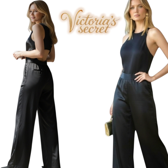 VS Black Satin Wide Leg Jumpsuit Size Large EUC - Picture 11 of 11
